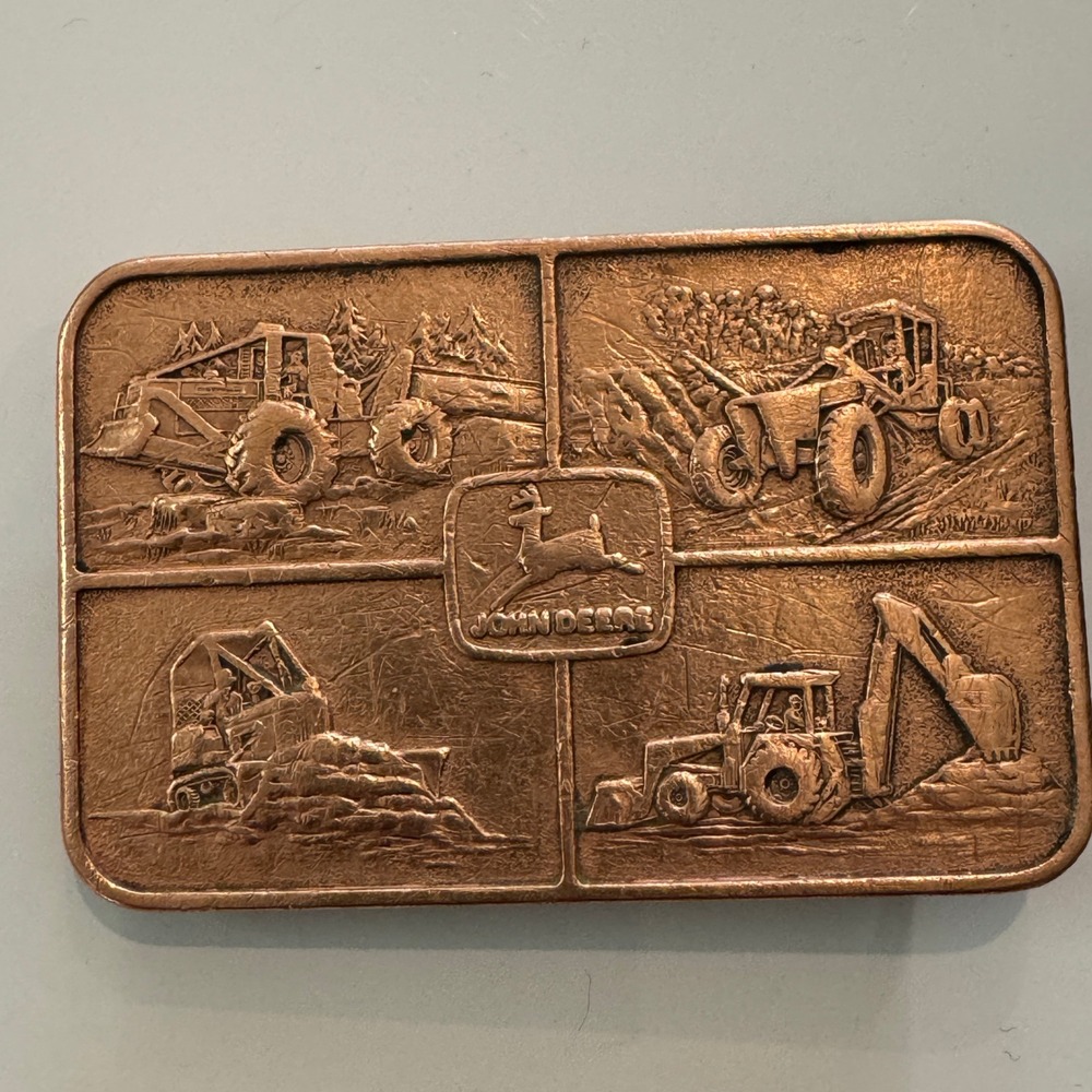 John Deere Belt Buckle Vintage Copper Heavy Duty Farm Equipment Scenes